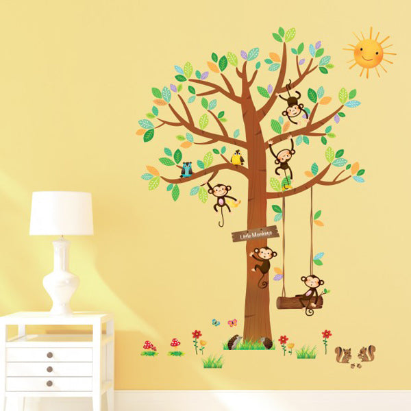 decowall muursticker boom met 5 kleine aapjes