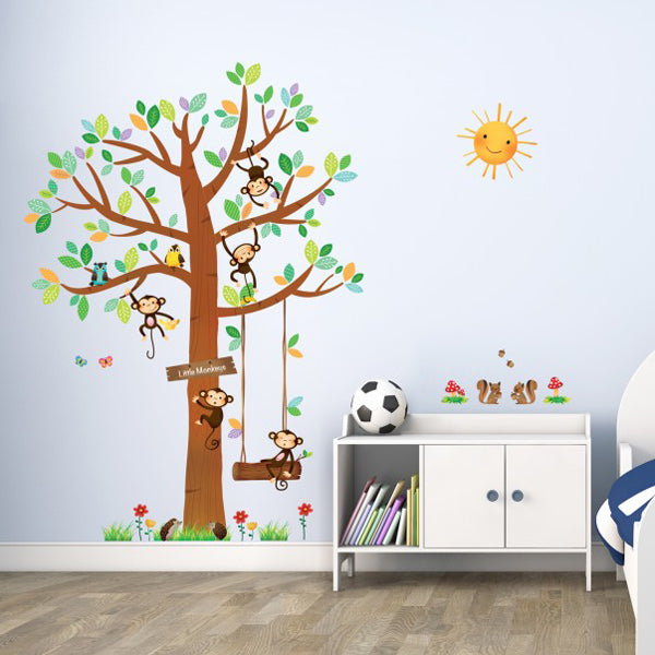 decowall muursticker boom met 5 kleine aapjes