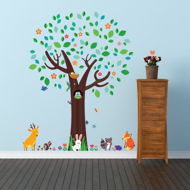 decowall muursticker boom met dierenvriendjes