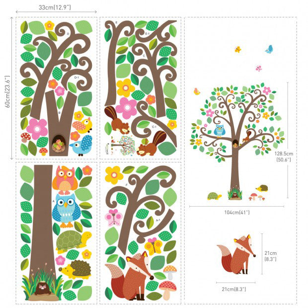 decowall muursticker boom scroll tree met bosdiertjes