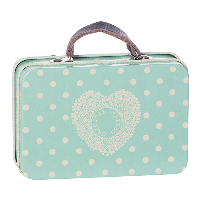 maileg metalen koffertje dusty blue met grote stip